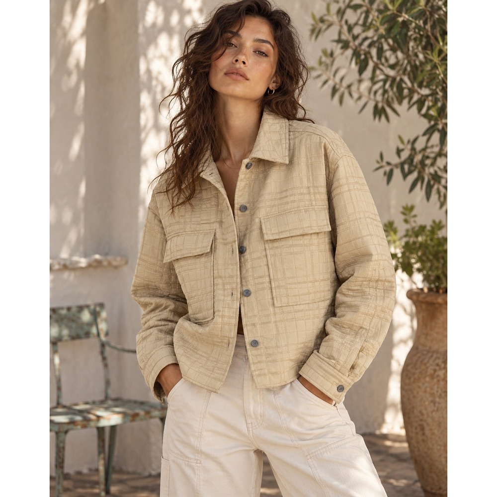 Hudson Women L Geo Tan Quilted Shirt Jacket Geometric Button Front Shacket NWT